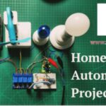 Real-life home automation project with Arduino, relay, fan, light, and smartphone control on a green mat with project logo and URL.