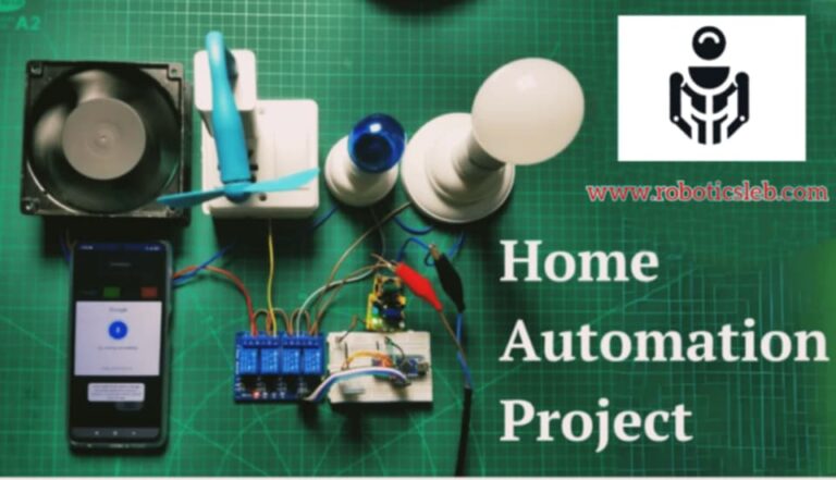 Real-life home automation project with Arduino, relay, fan, light, and smartphone control on a green mat with project logo and URL.