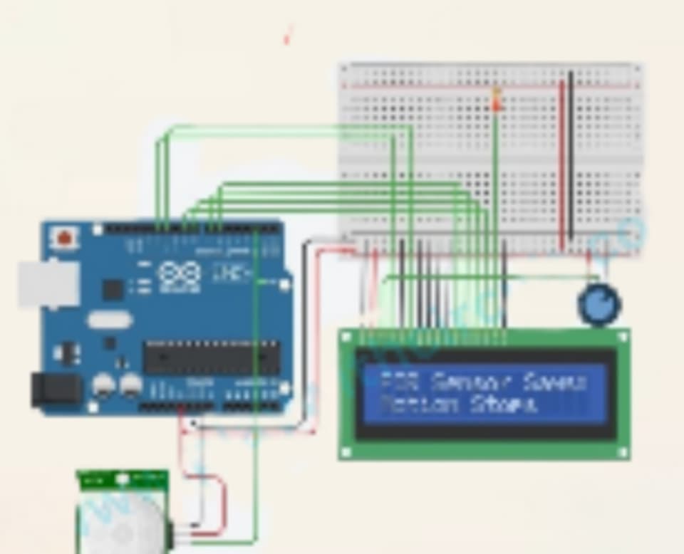 Circuit diagram of a PIR motion sensor project with Arduino and LCD connections.
