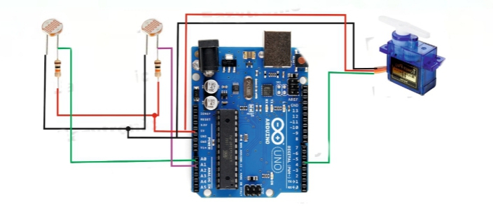 Circuit diagram of a solar tracking system using Arduino, LDR sensors, and a servo motor.