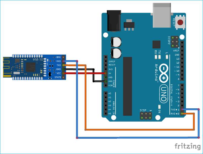 Wiring diagram of HM-10 Bluetooth module connected to Arduino Uno.