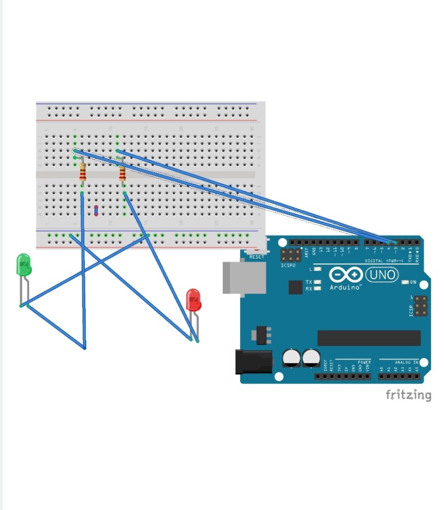 Circuit diagram featuring an Arduino Uno, a breadboard, and two LEDs (red and green) connected with resistors, demonstrating an RFID-based project setup.