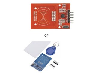 Comparison of two RFID modules. The top module is a red RFID-RC522, while the bottom is a blue RFID-RC522 module that comes with a complete kit, including a tag, card, and pin headers.