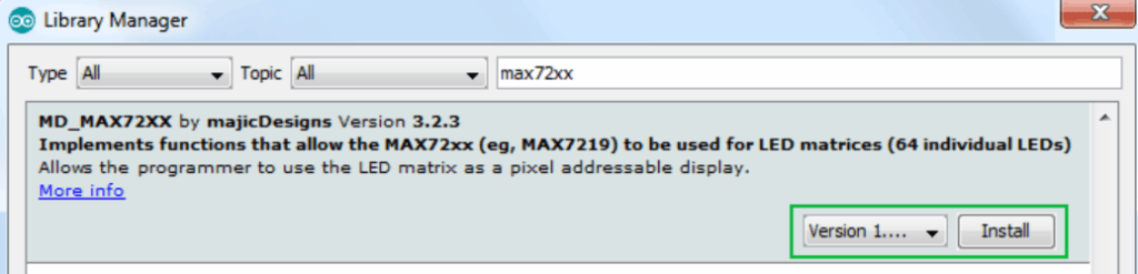 Search for the MD_MAX72XX Library: